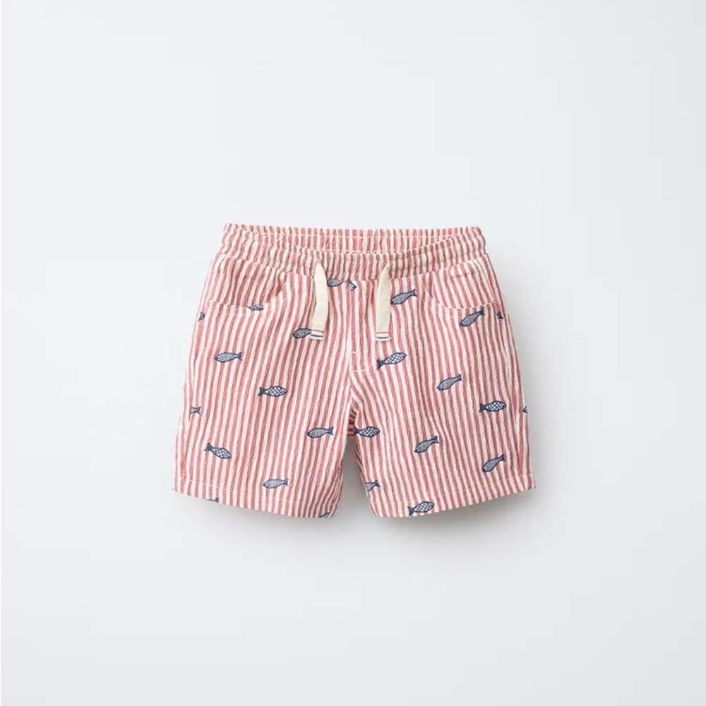 Zara EMBROIDERED FISH SEERSUCKER STRIPED SHORTS, Size 4T